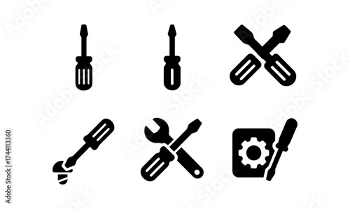 Screwdriver tool icons set in bold silhouette style for repair and maintenance