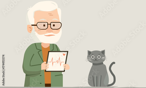 A grey-haired, bearded veterinarian and his grey cat patient.