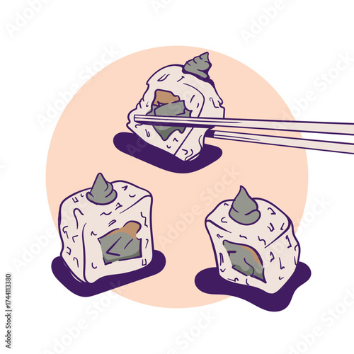 Uramaki sushi illustration with chopstick design in hand drawn style for street food advertising
