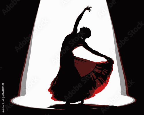 Vector art of silhouette of a flamenco dancer in a red dress performing on a stage under a spotlight, capturing the elegance and passion of the dance