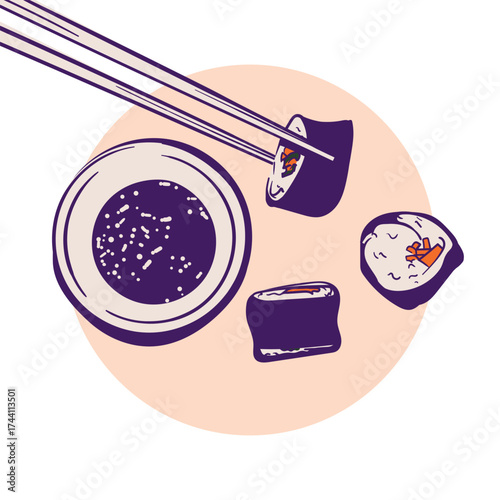 Sushi template in maki sushi type design with chopstick and soy sauce chili sauce