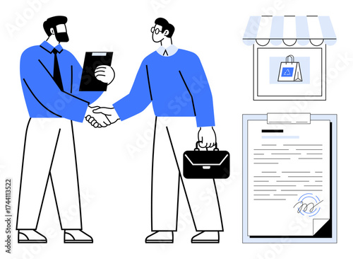 Two men shaking hands with a clipboard and briefcase, a store with a shopping bag, and a signed contract. Ideal for partnership, agreement, trade, entrepreneurship, trust, legal documentation