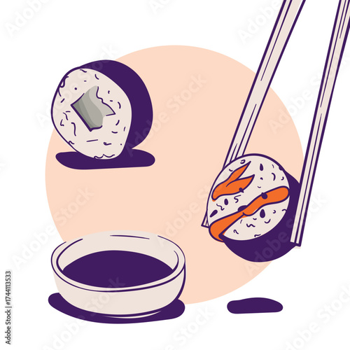 Maki sushi cartoon hand drawn design for street food template design. sushi food template