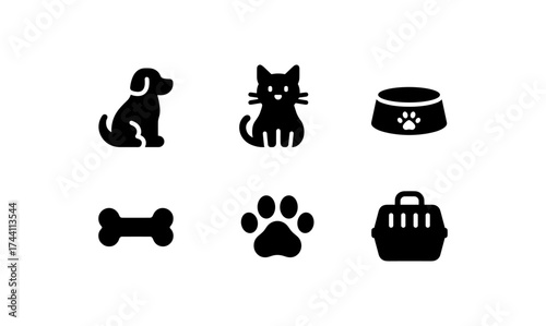 Pet care essentials: silhouette icons of dog, cat, bone, paw, food bowl, and carrier