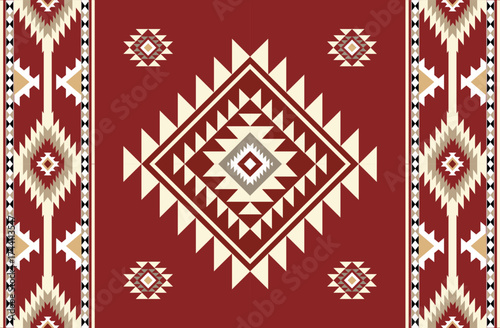 Seamless geometric ethnic pattern inspired by Native American tribal fabric. Traditional Aztec and Navajo style carpet and tile vector design on navy blue background. Perfect for textile, wrapping,