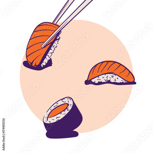 Maki sushi and nigiri sushi in cartoon hand drawn design for street food advertisement