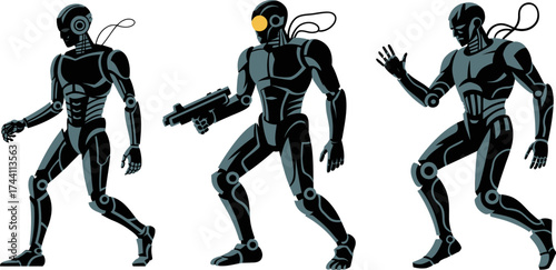 Vector art of three futuristic android robots in black suits, one holding a weapon