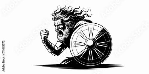 Vector art of fierce viking warrior with long hair and beard, shouting and holding a round shield