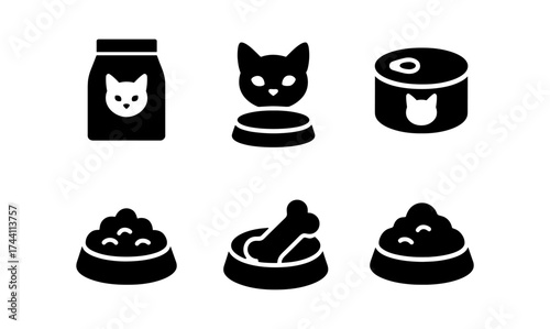 Pet food icons set: silhouette designs for cat and dog essentials
