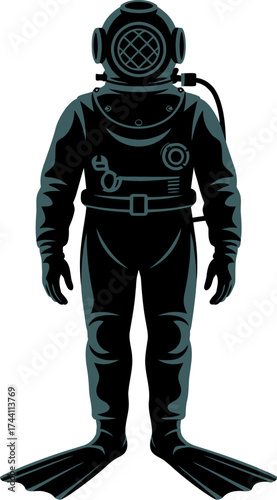 Illustration of a diver in a vintage deepsea diving suit with helmet and fins