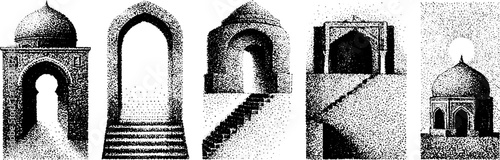 Elegant architectural arches and domes in detailed dotwork stipple design