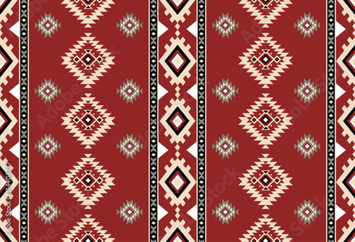 Seamless geometric ethnic pattern inspired by Native American tribal fabric. Traditional Aztec and Navajo style carpet and tile vector design on navy blue background. Perfect for textile, wrapping,