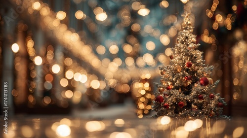 Fototapeta Naklejka Na Ścianę i Meble -  Christmas tree with lights on a street at night with the streets in the background with out-of-focus Christmas lights