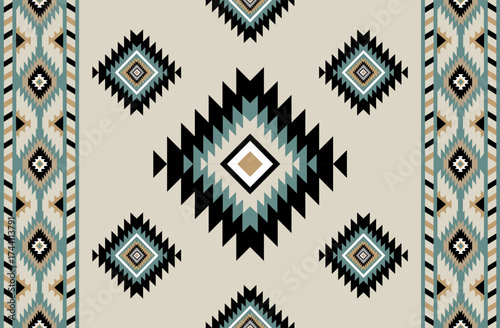 Seamless geometric ethnic pattern inspired by Native American tribal fabric. Traditional Aztec and Navajo style carpet and tile vector design on navy blue background. Perfect for textile, wrapping,