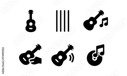 Guitar icon set: minimalist music symbols with strings and notes
