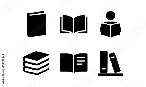 Set of book icons: silhouettes of reading, open books, and stacked volumes