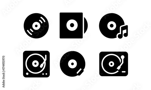 Vinyl and turntable icons in minimalist silhouette style for music media