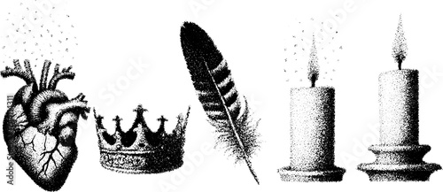 Intricate dotwork stippling set featuring heart, crown, feather, and candles design