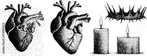Detailed stipple dotwork illustration of bleeding heart with crown of thorns and candles