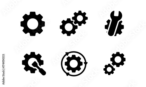 Set of gear and wrench icons for mechanical and technical design