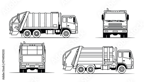 Garbage truck blueprint design views set