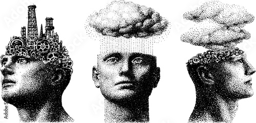 Artistic dotwork illustration series of brains with industrial and cloud elements
