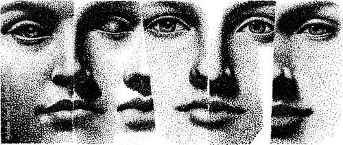 Intricate dotwork stipple design of a broken mirror face composition for creative projects