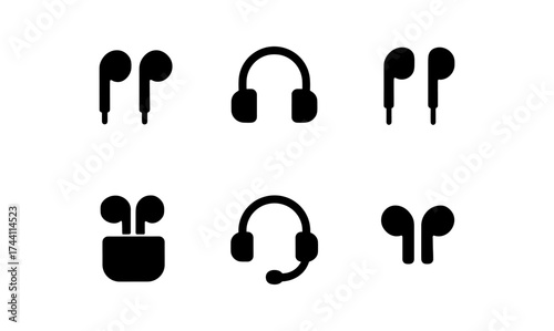 Minimalist audio icon set: headphones, earbuds, headset designs