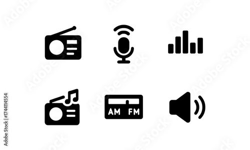 Minimalist radio and audio icons set - black silhouette style