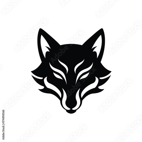 Black fox head logo with stylized markings Keywords: fox, head, logo, black, white, silhouette