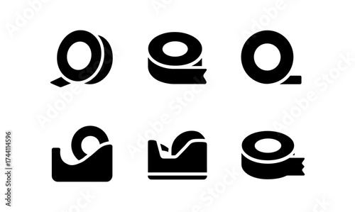Silhouette set of tape rolls and tape dispensers on white background
