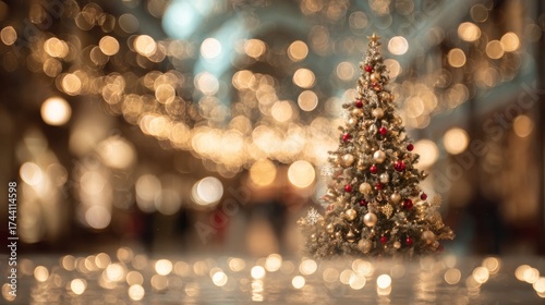 Fototapeta Naklejka Na Ścianę i Meble -  Christmas tree with lights on a street at night with the streets in the background with out-of-focus Christmas lights