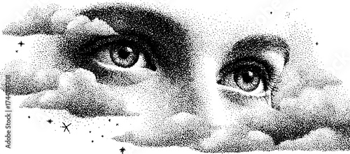 Celestial eye art with clouds in detailed dotwork stipple style for unique design