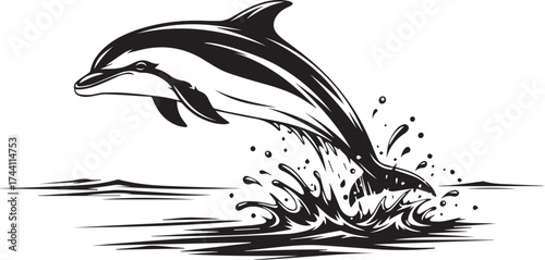 Dynamic dolphin leaping gracefully out of water creating a splash artistic monochrome sketch splash