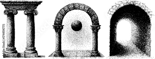 Classical architecture elements and archway with dotwork stipple effect