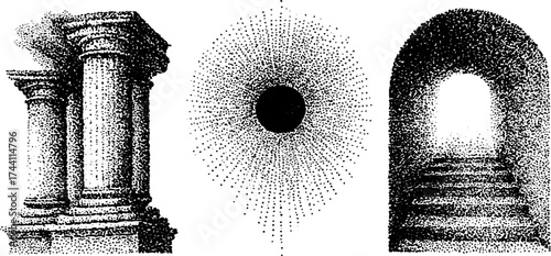 Intricate dotwork and stipple art with circular rays and architectural elements