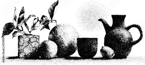 Vintage stipple dotwork set of cracked ceramic vases and fruit for art print and design