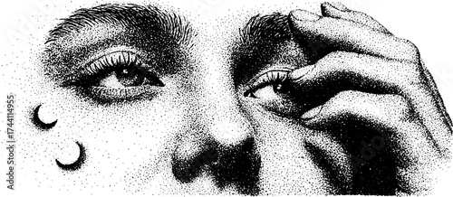 Intricate dotwork and stipple art featuring crescent moons and human expression
