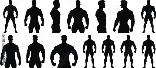 Set of fourteen black silhouette icons of muscular male figures in various poses showing anatomy, fitness, and body structure diversity