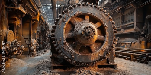 Ore grinding process in a ball mill at a mining and concentration facility.