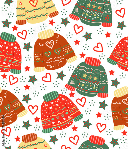 Pattern of different sweaters on a white background.