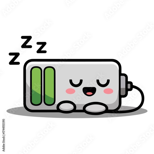 A cute battery character is sleeping peacefully after being fully charged