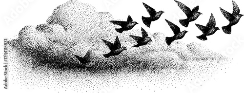 Vintage dotwork illustration of flying doves swallows in stippling technique for art and design
