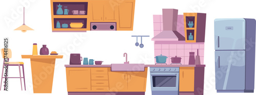 Modern kitchen interior illustration, stove, sink, refrigerator, cabinets, kitchen island, pendant light, hand-drawn vector, white background, home design concept