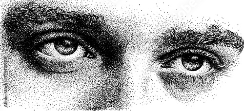 Intricate dotwork stipple illustration of eyes with silhouette effect