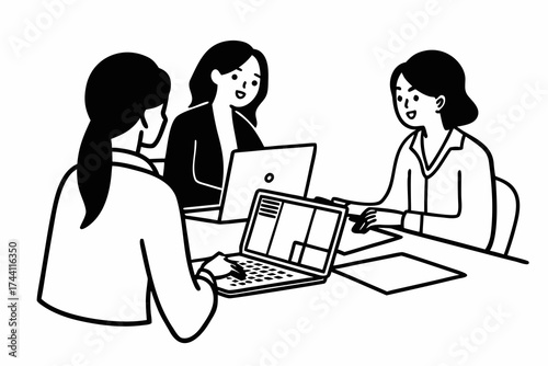 Two business women sit at desk discuss project details, diverse female colleagues met in office, share opinion, working on collaborative task, sales manager makes commercial offer to company client