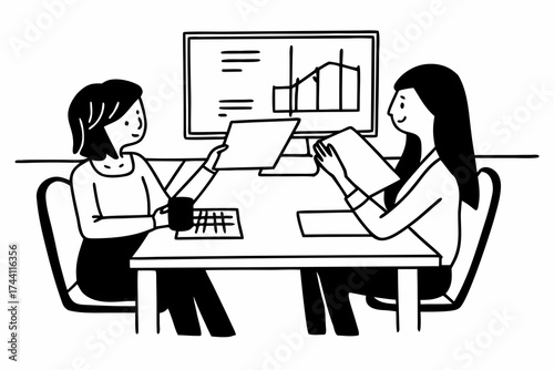 Two business women sit at desk discuss project details, diverse female colleagues met in office, share opinion, working on collaborative task, sales manager makes commercial offer to company client