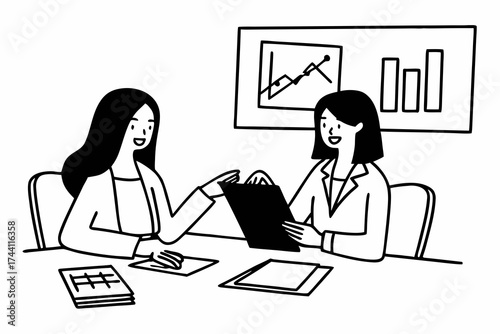Two business women sit at desk discuss project details, diverse female colleagues met in office, share opinion, working on collaborative task, sales manager makes commercial offer to company client