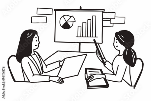 Two business women sit at desk discuss project details, diverse female colleagues met in office, share opinion, working on collaborative task, sales manager makes commercial offer to company client
