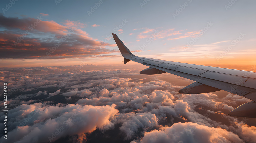 Naklejka premium Airplane wing soaring above a sea of clouds during a vibrant sunset.